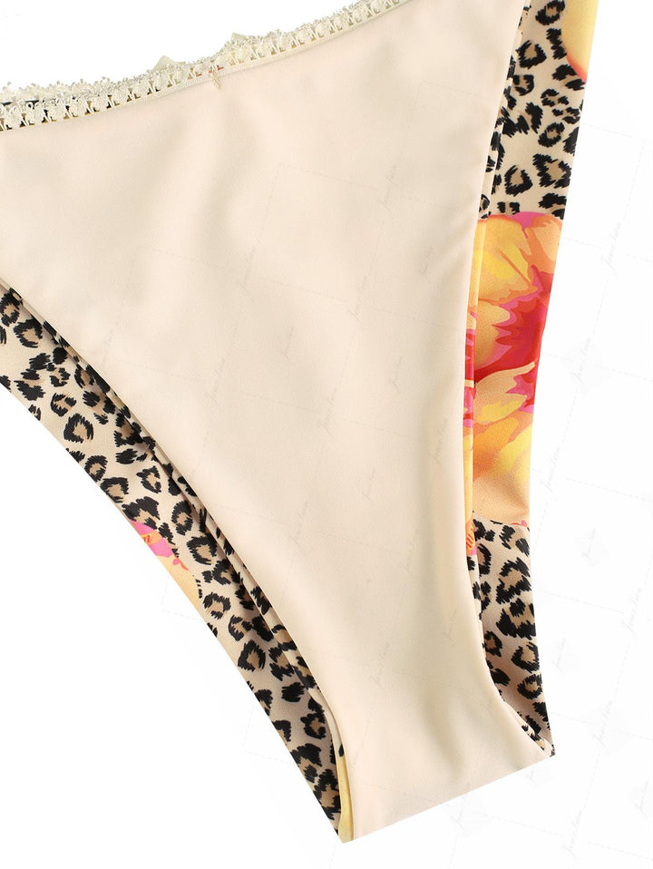 Leopard Floral Hibiscus Print Lace Bowknot Halter Triangle Bikini Set