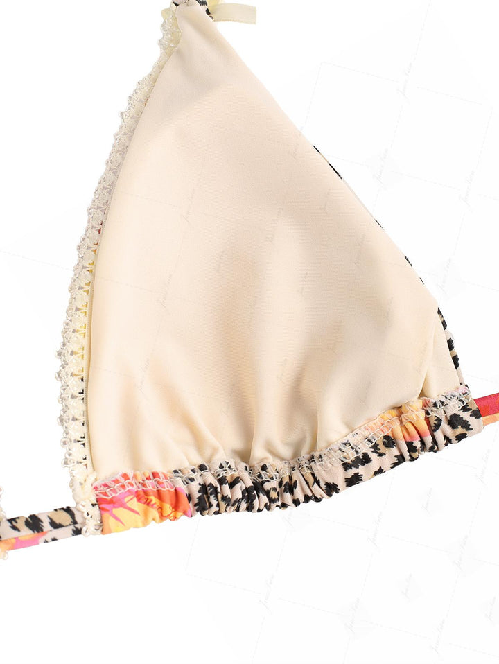 Leopard Floral Hibiscus Print Lace Bowknot Halter Triangle Bikini Set