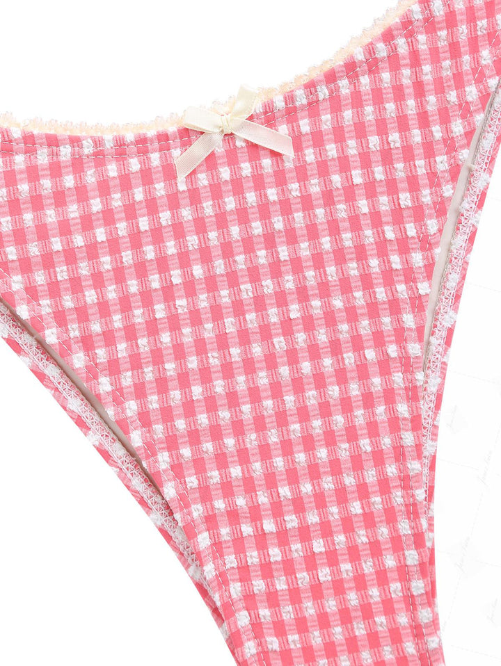 Red Bubble Grid Lace Bowknot Cheeky Tankini Set