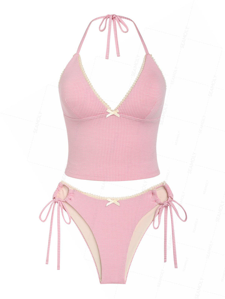 Seamolly Gingham Lace Bowknot Halter Tankini Set