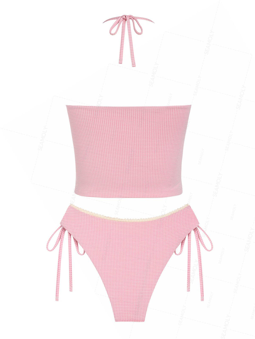 Seamolly Gingham Lace Bowknot Halter Tankini Set