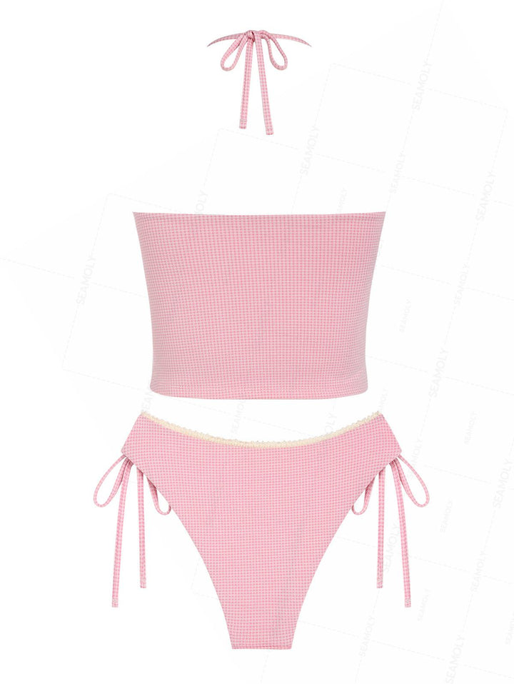 Seamolly Gingham Lace Bowknot Halter Tankini Set