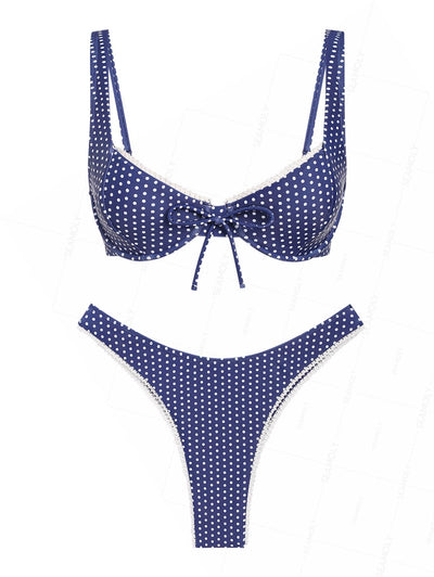 Seamolly 3 Piece Polka Dot Lace Bowknot Triangle Skirtini Bikini  Set