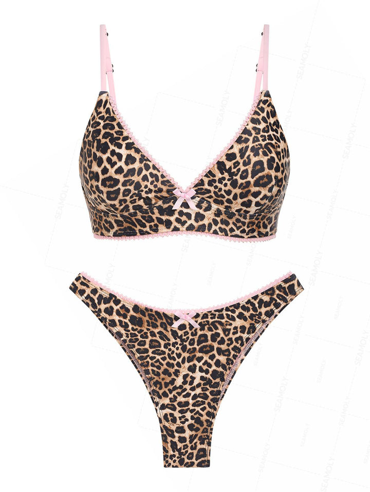 Seamolly Leopard Print Contrast Lace Trim Bowknot Decor Tank Style Bikini Set