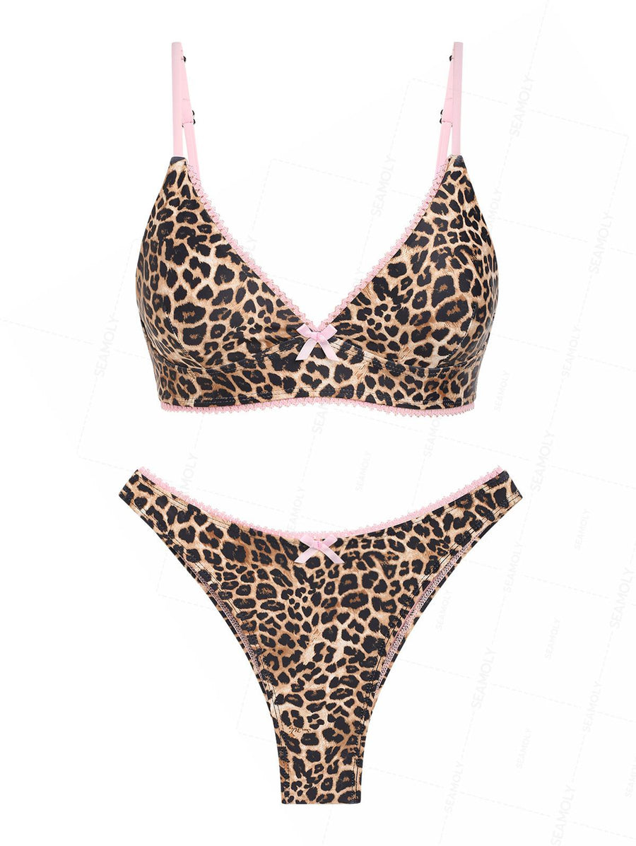Seamolly Leopard Print Contrast Lace String Double Layer Bikini Set