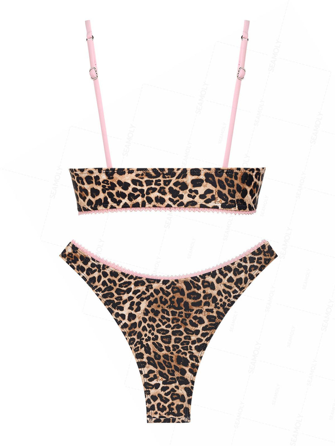 Seamolly Leopard Print Contrast Lace Trim Bowknot Decor Tank Style Bikini Set