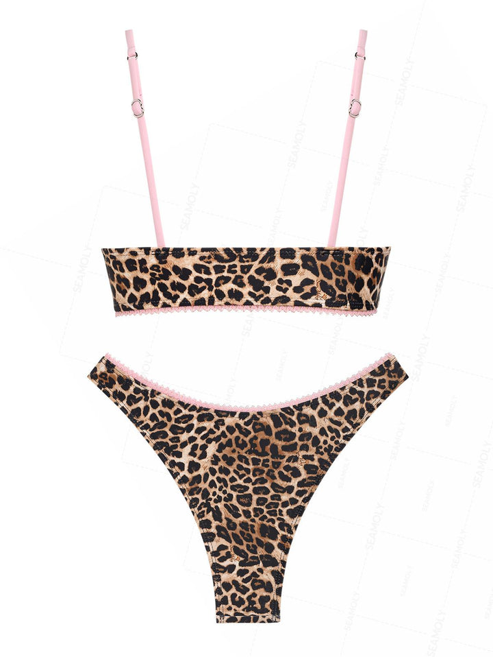 Seamolly Leopard Print Contrast Lace Trim Bowknot Decor Tank Style Bikini Set