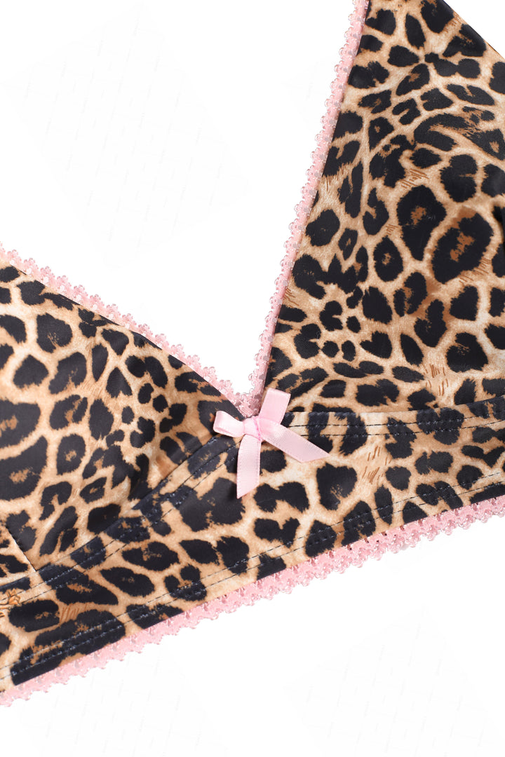 Seamolly Leopard Print Contrast Lace Trim Bowknot Decor Tank Style Bikini Set