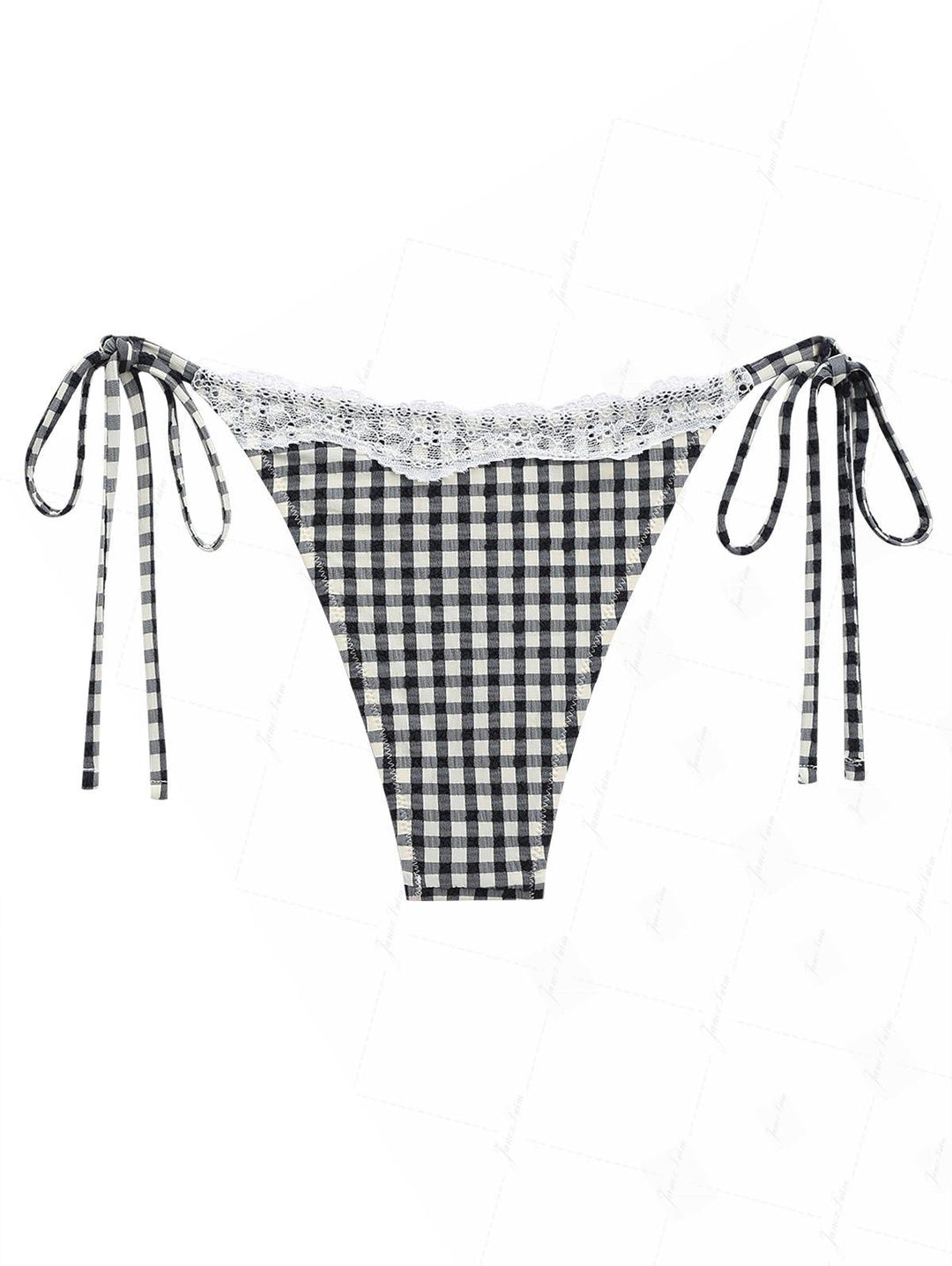 Black Plaid Lace Bowknot Tie Side Bikini Bottom