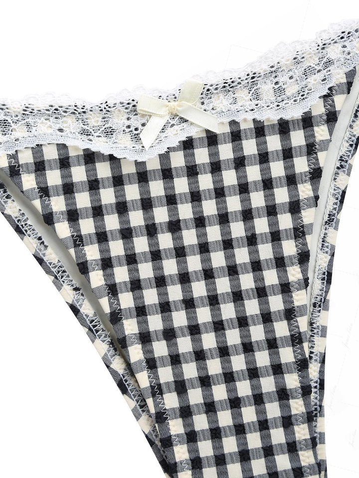 Black Plaid Lace Bowknot Tie Side Bikini Bottom