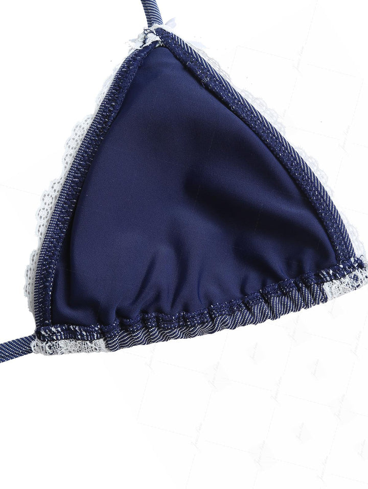 Deep Blue Denim Lace Bowknot Triangle Top & Cheeky Brazilian Bottom Bikini Set