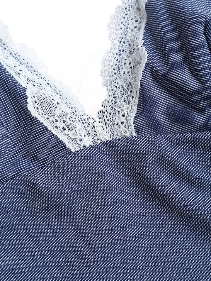 Deep Blue Denim Lace Plunging Neck Cheeky Boyshorts Tankini Set