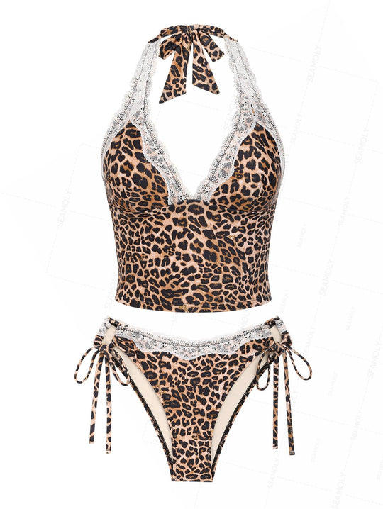 Seamolly Leopard Print Bowknot Bikini Bottom Cheeky Swim Boyshorts