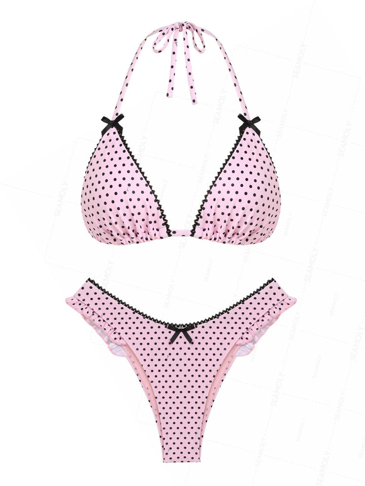 Seamolly Retro Vintage Inspired Polka Dot  Lace Bowknot  Halter Triangle Bikini Set