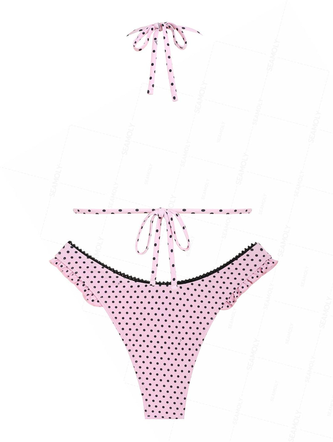 Seamolly Retro Vintage Inspired Polka Dot  Lace Bowknot  Halter Triangle Bikini Set