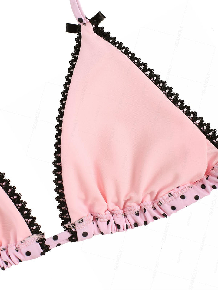 Seamolly Retro Vintage Inspired Polka Dot  Lace Bowknot  Halter Triangle Bikini Set