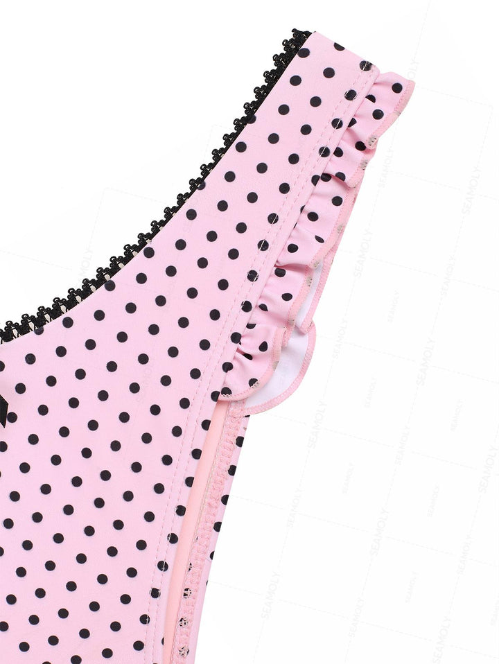 Seamolly Retro Vintage Inspired Polka Dot  Lace Bowknot  Halter Triangle Bikini Set