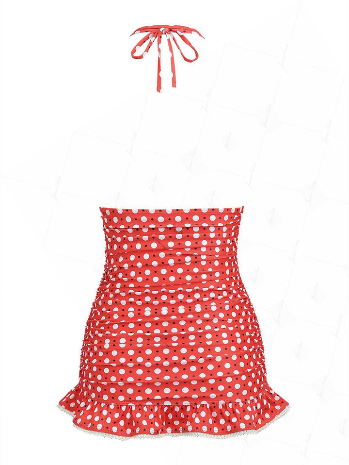 Vintage Red Polka Dot Ruched Lace Halter Tied Mini Swim Dress