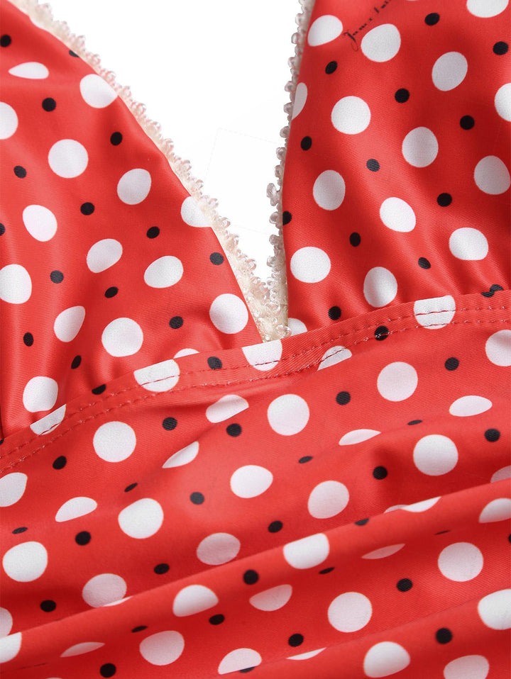 Vintage Red Polka Dot Ruched Lace Halter Tied Mini Swim Dress