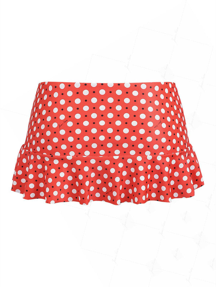 Vintage Red Polka Dot Spliced Ruffles Hem Low Rise Mini Swim Skirt Bottom