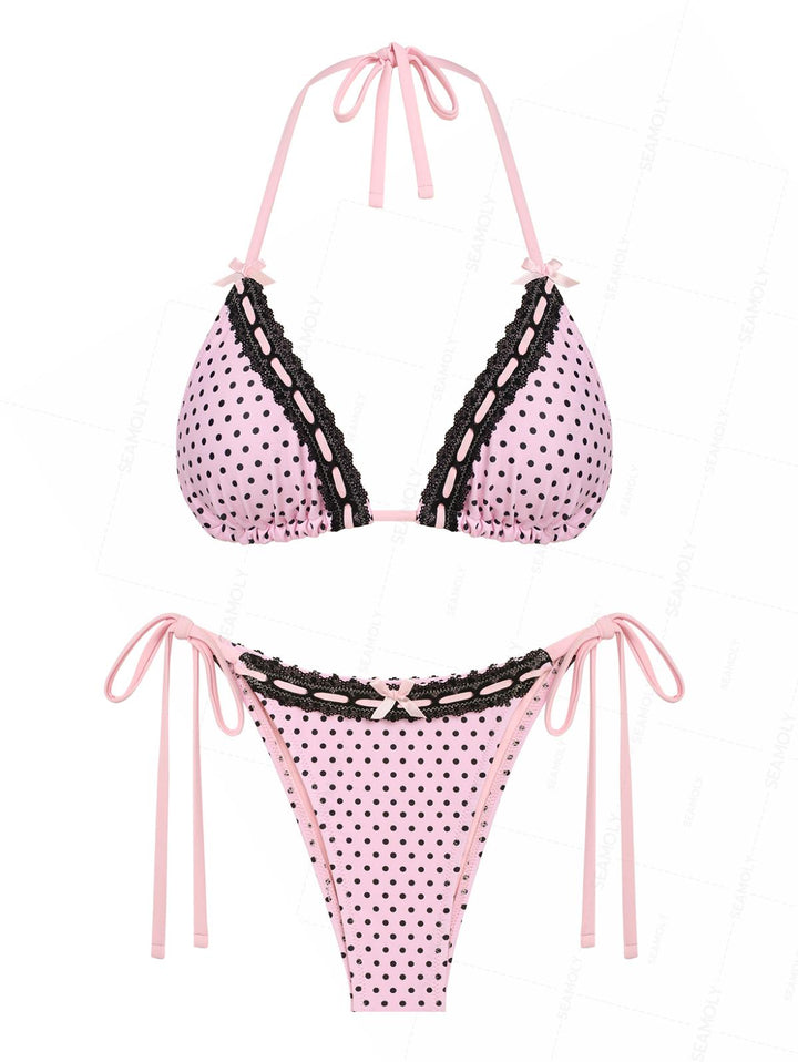 Seamolly Polka Dot Lace Bowknot Halter Triangle String Bikini Set