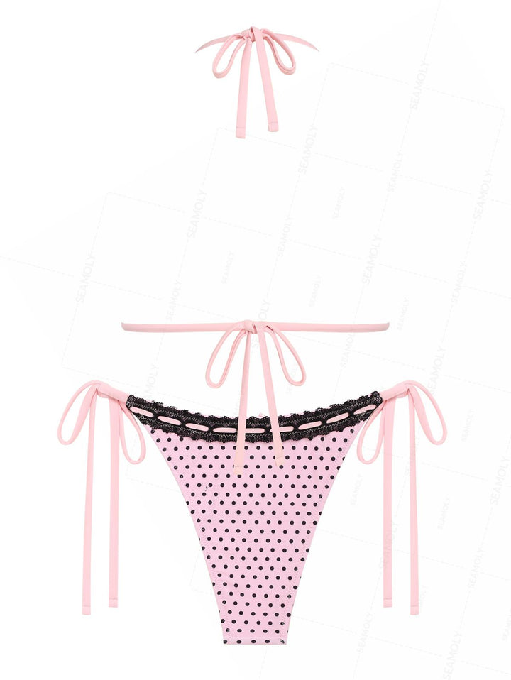 Seamolly Polka Dot Lace Bowknot Halter Triangle String Bikini Set