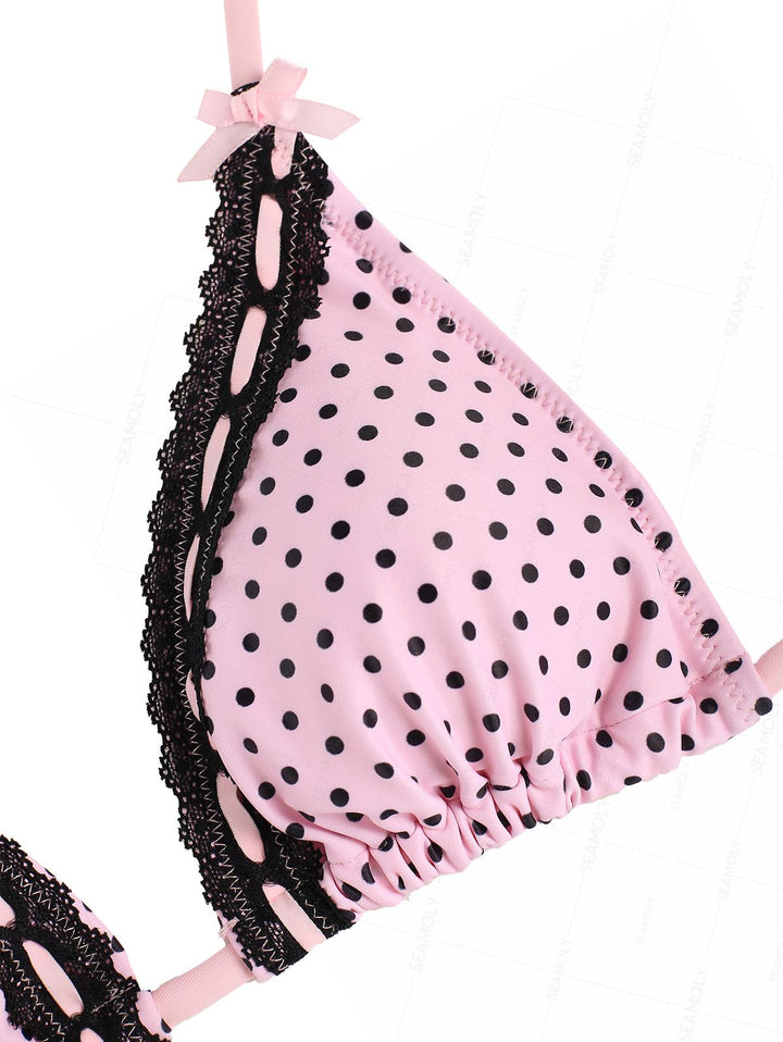 Seamolly Polka Dot Lace Bowknot Halter Triangle String Bikini Set