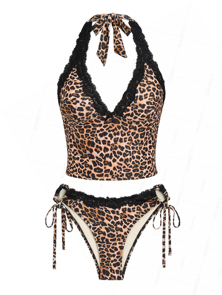 Seamolly Leopard Lace Halter Cinched Tie Side Tankini Set