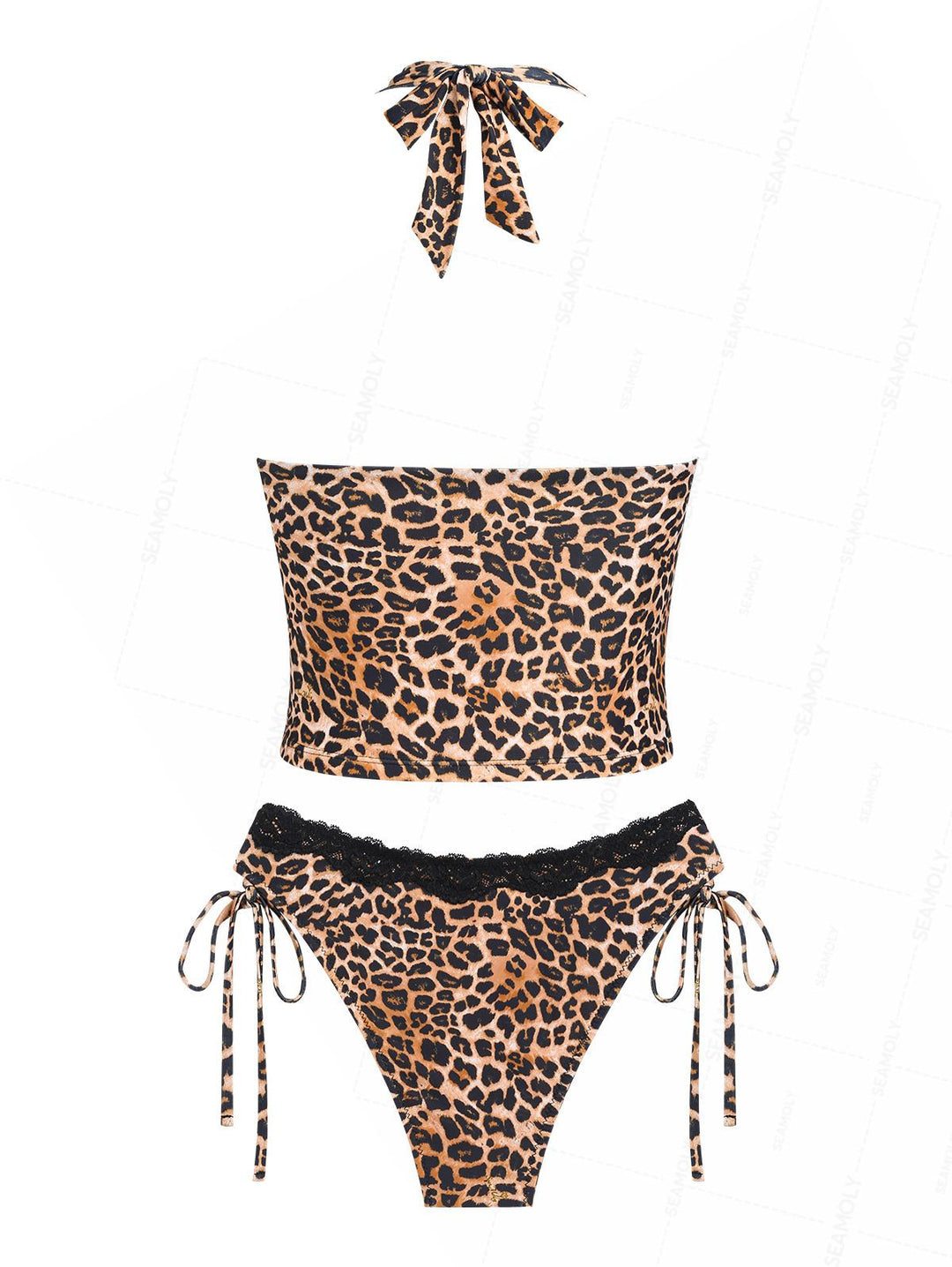 Seamolly Leopard Lace Halter Cinched Tie Side Tankini Set