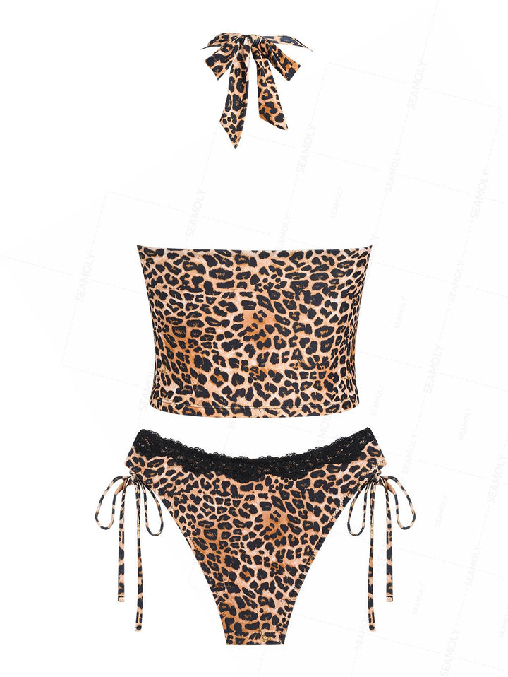 Seamolly Leopard Lace Halter Cinched Tie Side Tankini Set