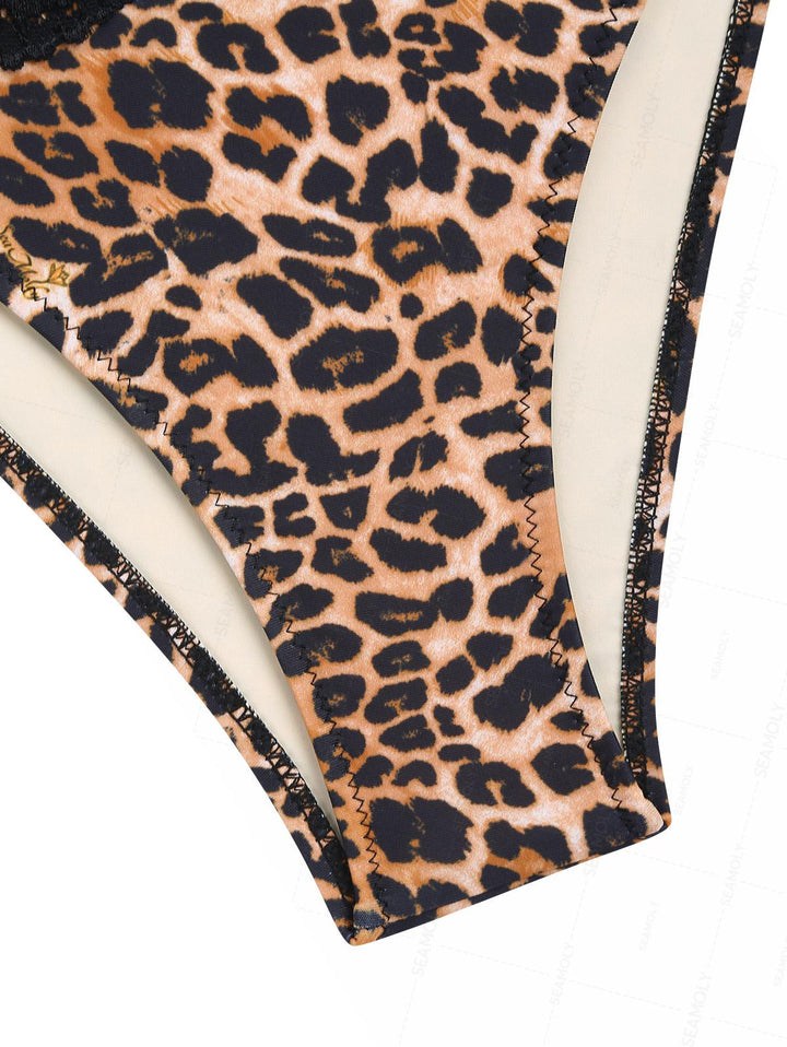 Seamolly Leopard Lace Halter Cinched Tie Side Tankini Set