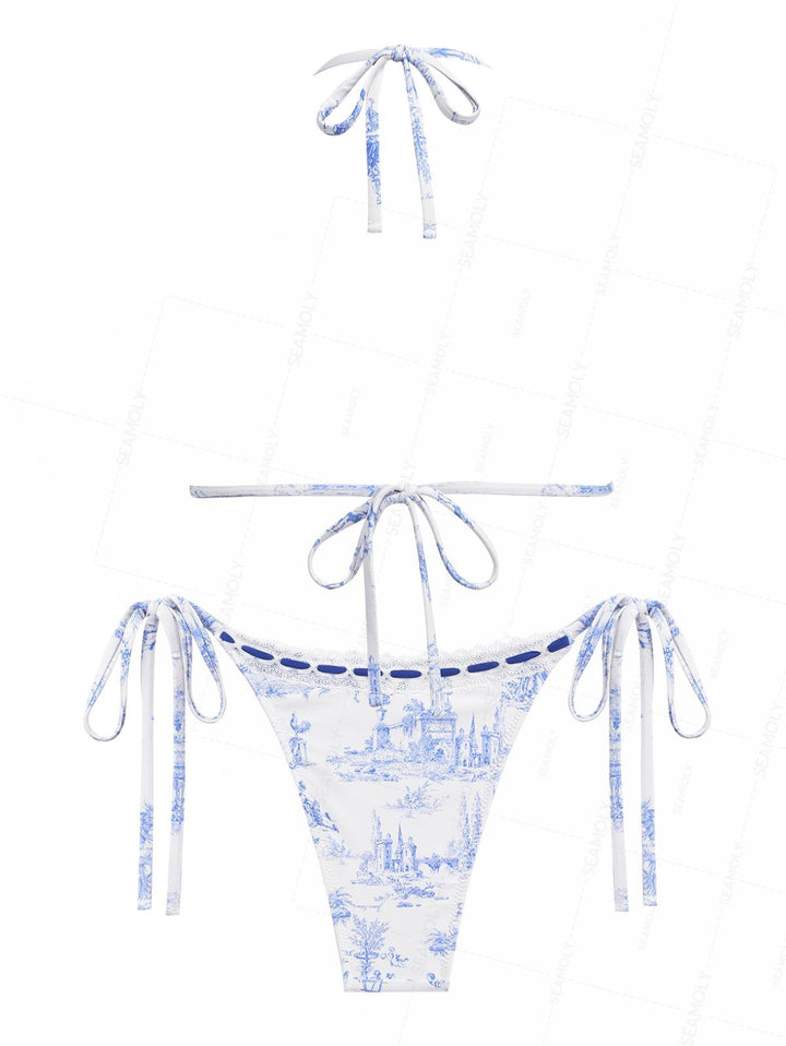 Seamolly Toile de Jouy Print Lace Bowknot  Halter Triangle Tie Side Bikini Set