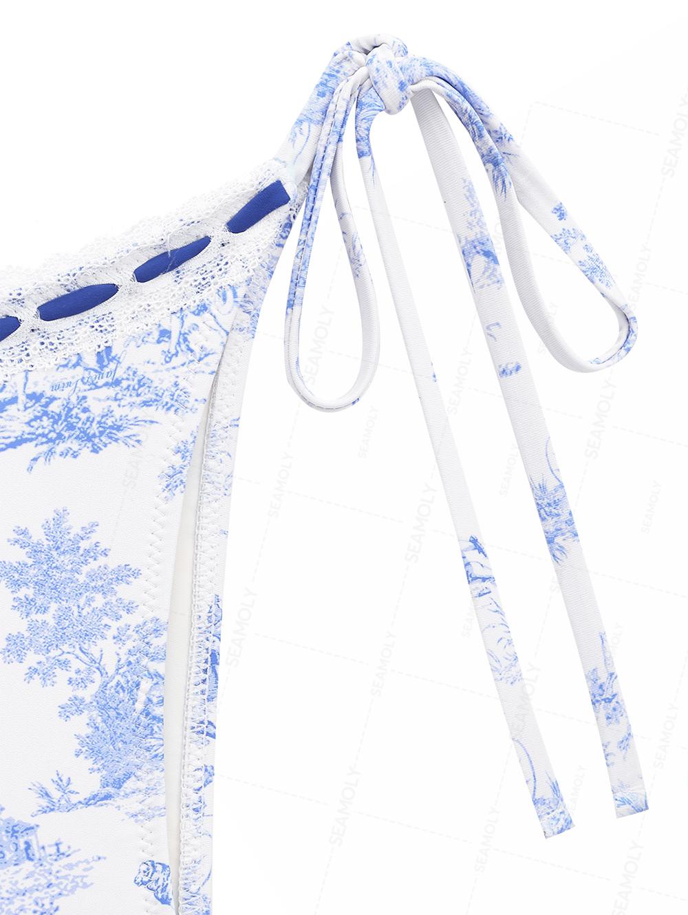 Seamolly Toile de Jouy Print Lace Bowknot  Halter Triangle Tie Side Bikini Set