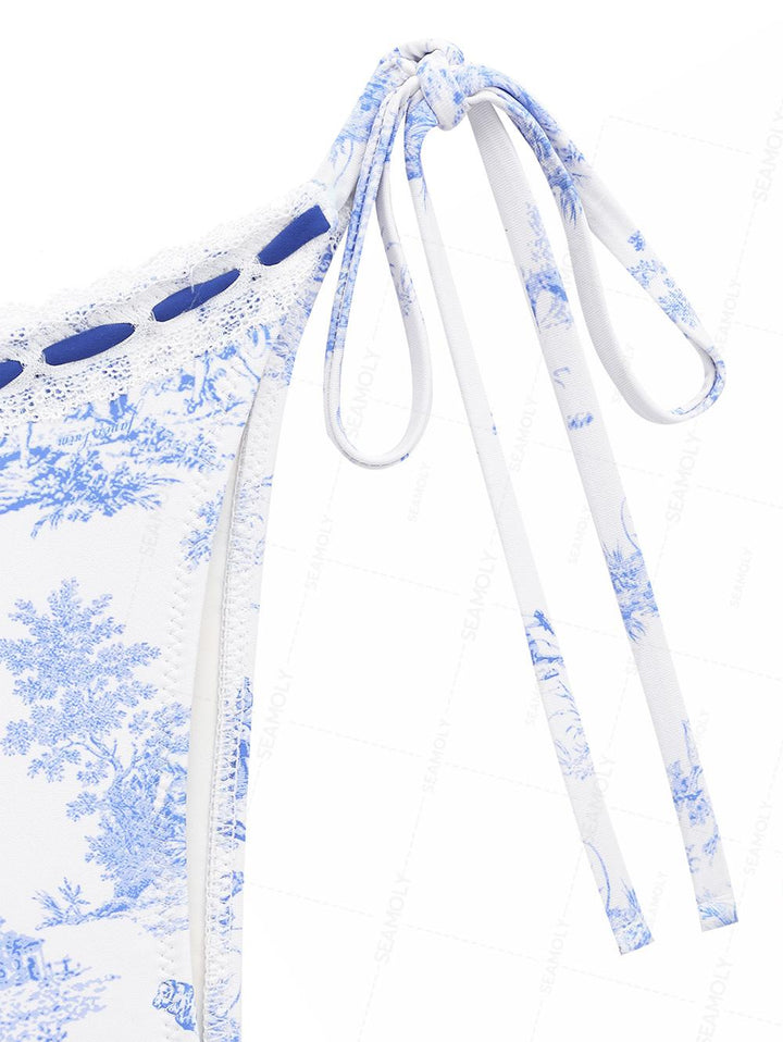 Seamolly Toile de Jouy Print Lace Bowknot  Halter Triangle Tie Side Bikini Set