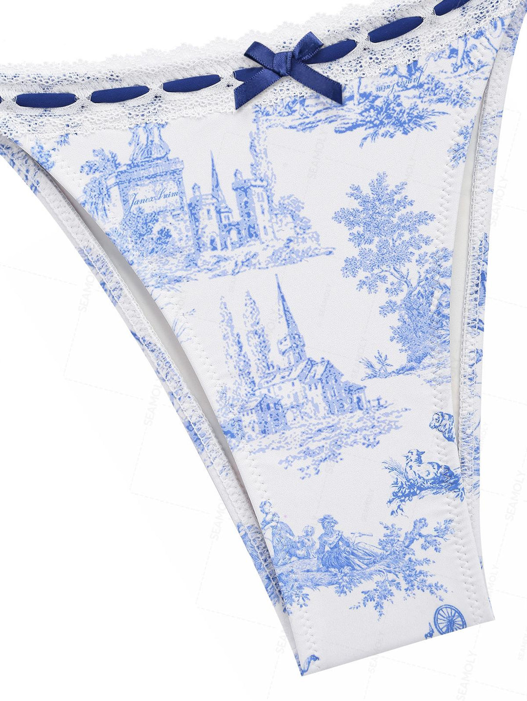 Seamolly Toile de Jouy Print Lace Bowknot  Halter Triangle Tie Side Bikini Set