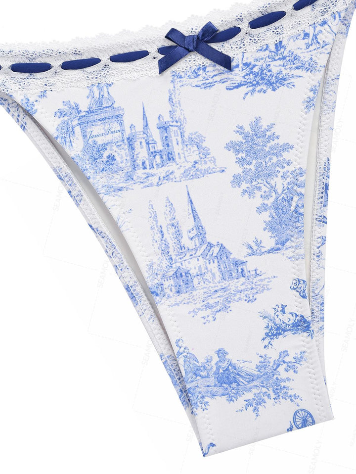 Seamolly Toile de Jouy Print Lace Bowknot  Halter Triangle Tie Side Bikini Set