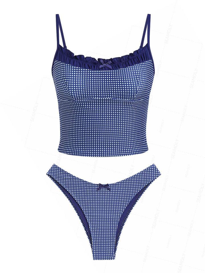 Seamolly Gingham Spliced Ruched Ruffles Bowknot Cheeky Tankini Set