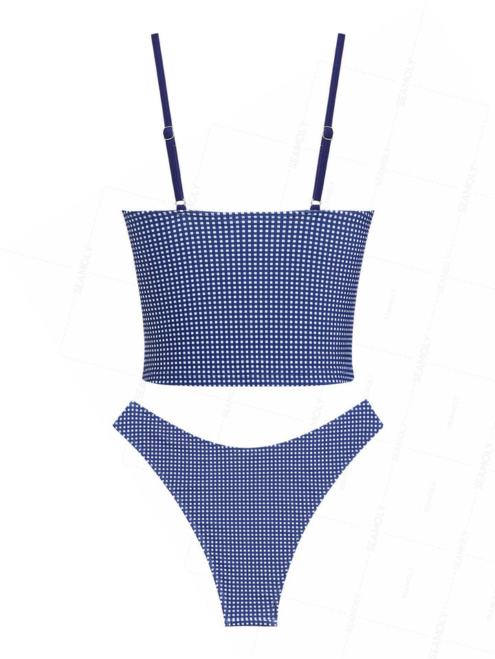 Seamolly Gingham Spliced Ruched Ruffles Bowknot Cheeky Tankini Set