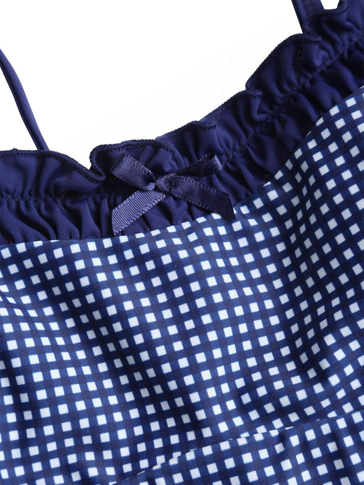 Seamolly Gingham Spliced Ruched Ruffles Bowknot Cheeky Tankini Set