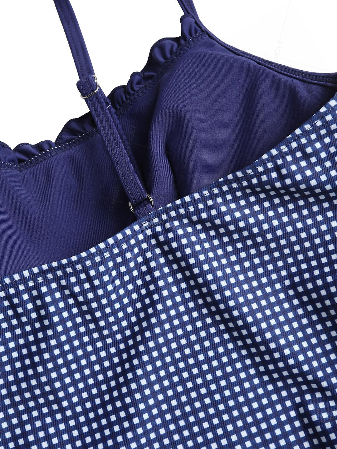 Seamolly Gingham Spliced Ruched Ruffles Bowknot Cheeky Tankini Set