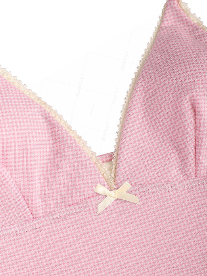 Seamolly Gingham Lace Bowknot Halter Tankini Set