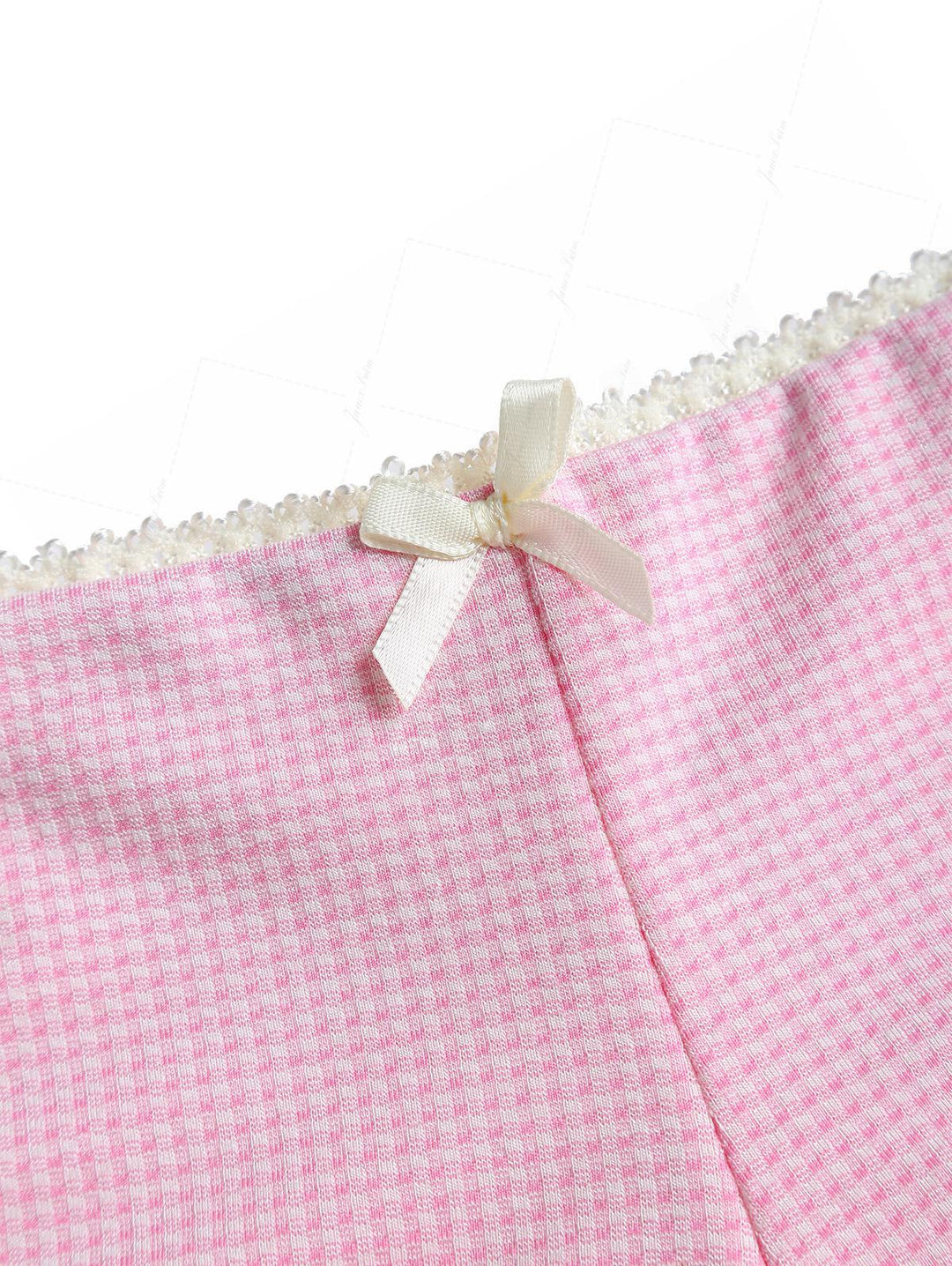 Light Pink Knitted Plaid Lace Bowknot Cheeky Boyshorts Tankini Set