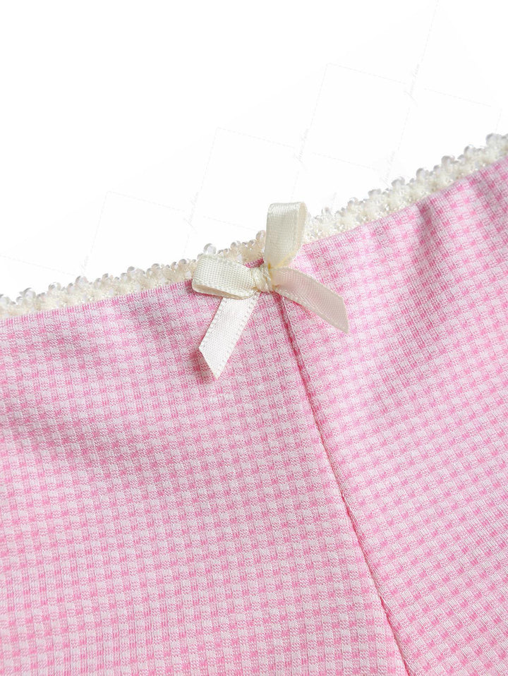 Light Pink Knitted Plaid Lace Bowknot Cheeky Boyshorts Tankini Set