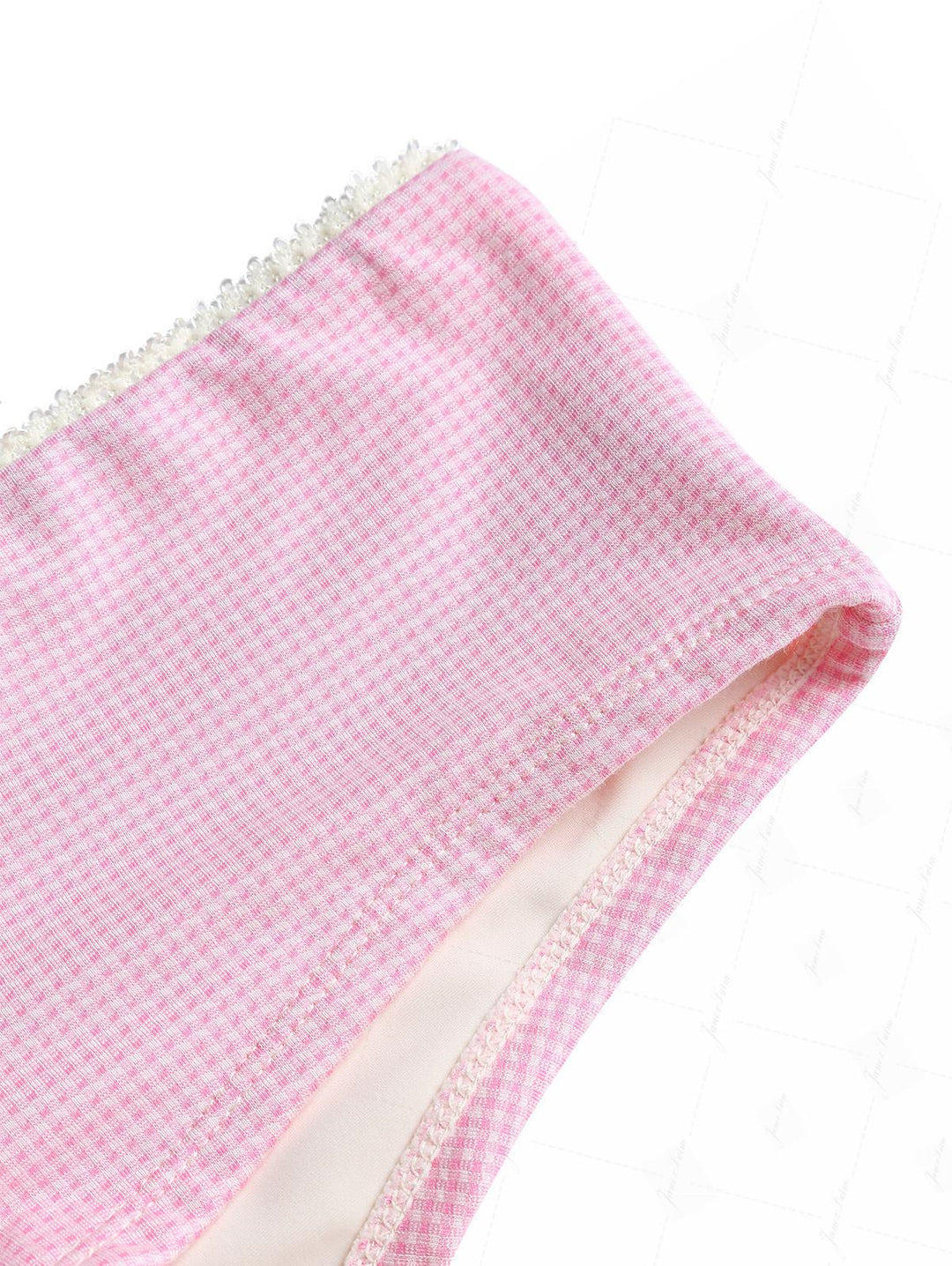 Light Pink Knitted Plaid Lace Bowknot Cheeky Boyshorts Tankini Set