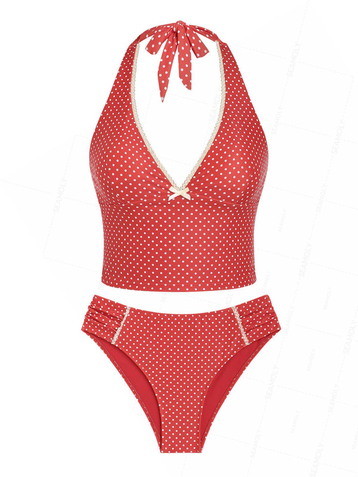 Seamolly Vintage Polka Dot Plunging Neck Halter Tankini Set