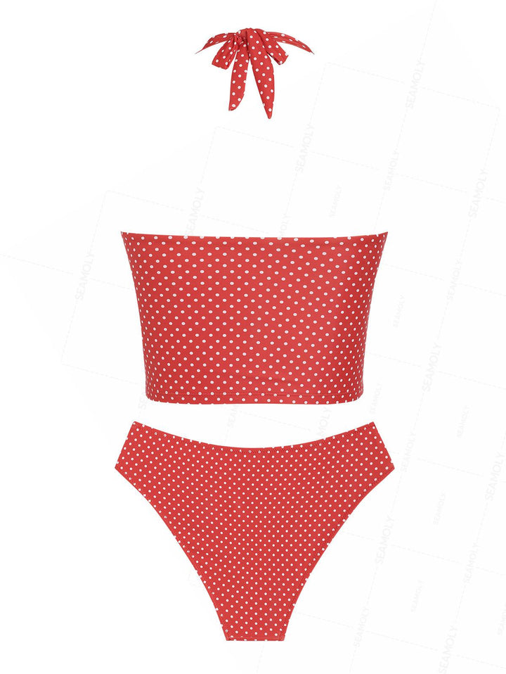 Seamolly Vintage Polka Dot Plunging Neck Halter Tankini Set