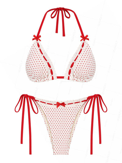 Seamolly Polka Dot Lace Bowknot Triangle Top & Cheeky Brazilian Bottom Bikini Set
