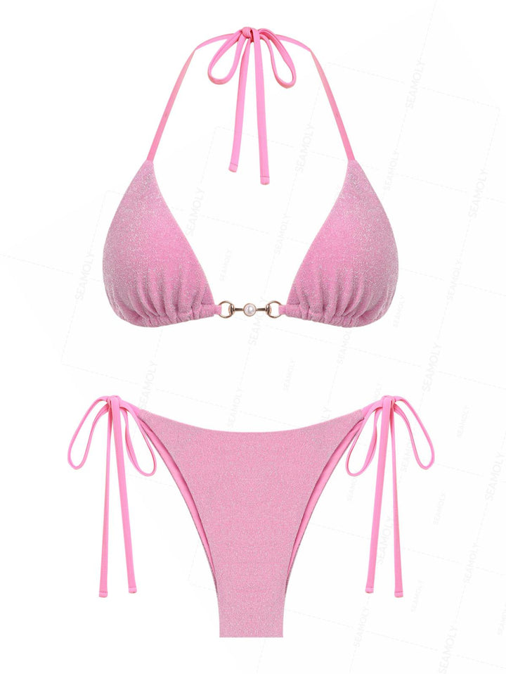 Seamolly Lurex Sparkly Faux Pearl Halter Triangle Tie Side Bikini Set