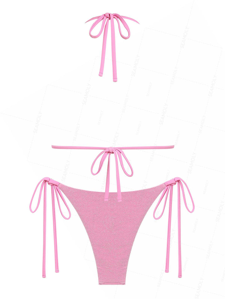 Seamolly Lurex Sparkly Faux Pearl Halter Triangle Tie Side Bikini Set
