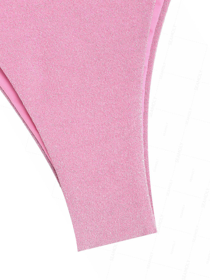 Seamolly Lurex Sparkly Faux Pearl Halter Triangle Tie Side Bikini Set